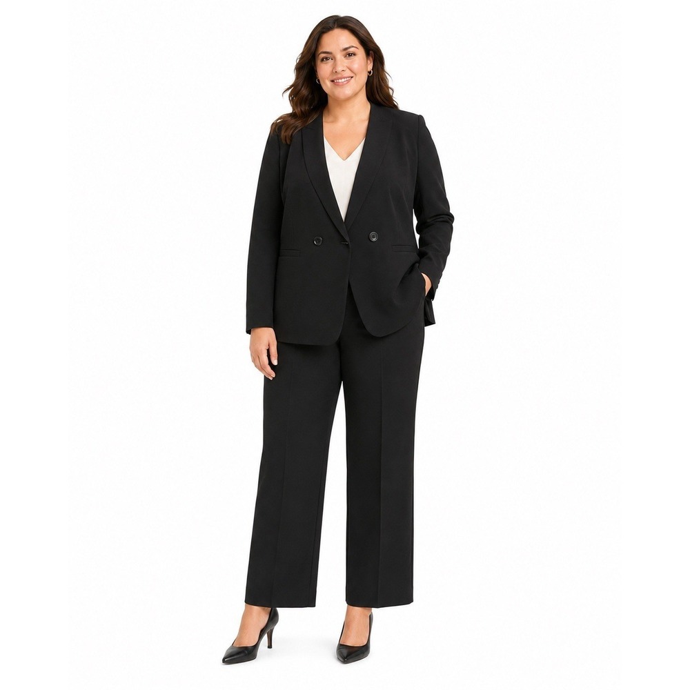 Talbots 14WP 16WP Plus Petite‎ Black Pant Suit Double Breasted Modern Triacetate
